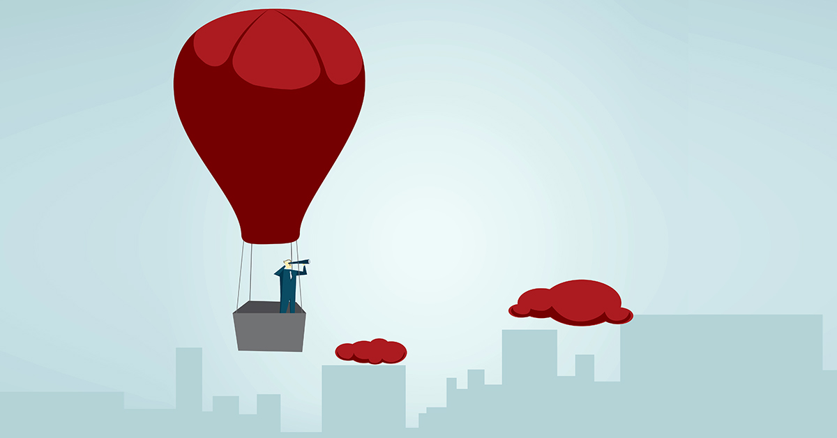 graphic of man in balloon with telescope over cityscape